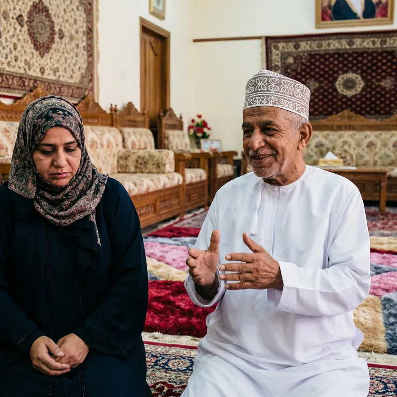 Happy Omani Man Sitting with His Sad Hijab-Wearing Wife