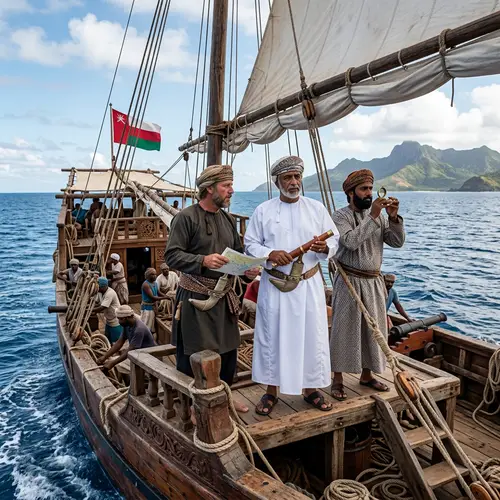 Diverse Old Warship Crew in Omani Attire Sets Sail to Island