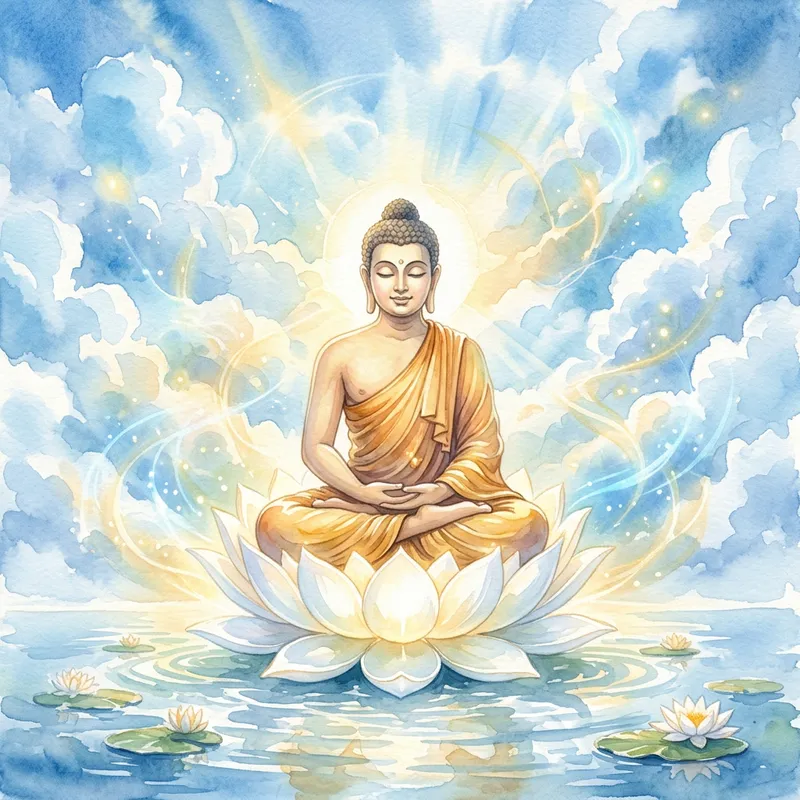 Tranquil Buddha on White Lotus | Energy Watercolor Serenity
