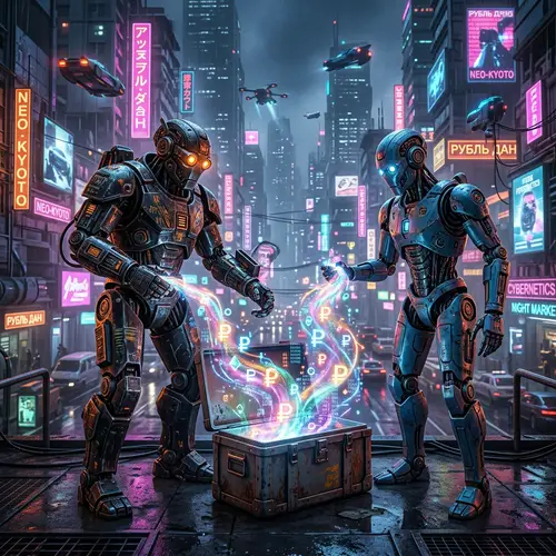 Cyberpunk Robots Divide Digital Ruble Treasure