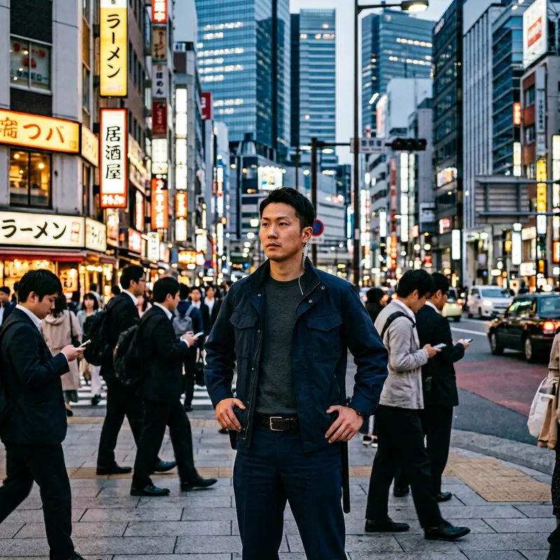 Asian Undercover Police Officer in Japan Amid Cityscape