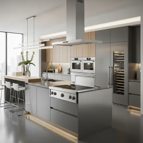 High-Tech Home Kitchen Design in Steel & Wood