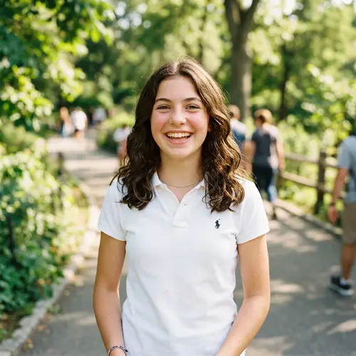 Cheerful Brunette Girl in White Polo Shirt