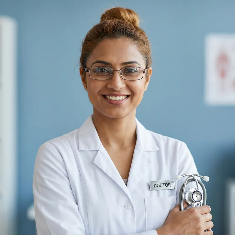 Smiling South Asian Woman Doctor on Blue Background