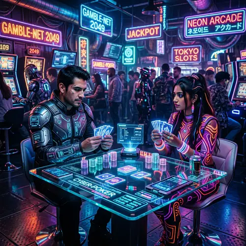Cyberpunk Casino Scene with Man and Woman Playing Card Game