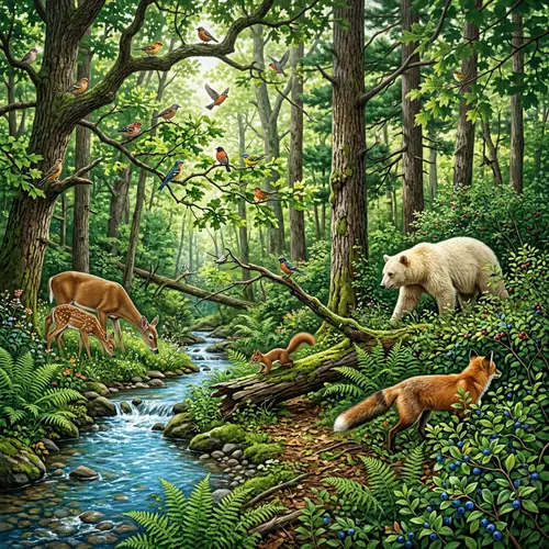 Bustling Forest Ecosystem with Wildlife Harmony