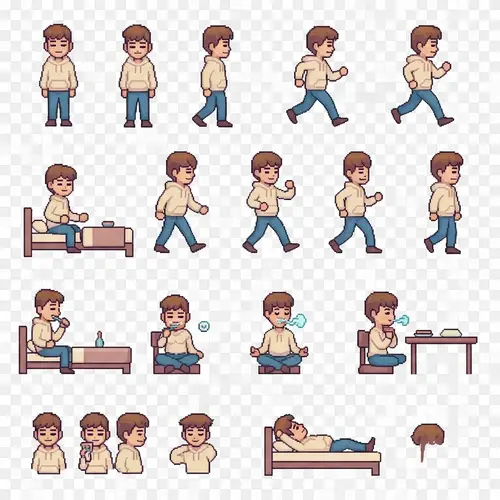 Cozy 2D Pixel Art Sprite Sheet of a Young Male Character