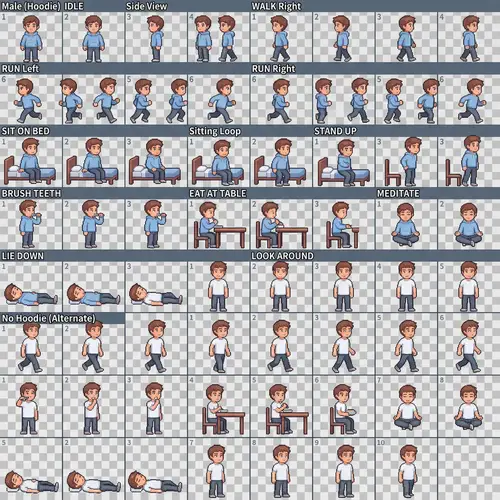 Cozy 2D Pixel Art Sprite Sheet of a Young Male Character