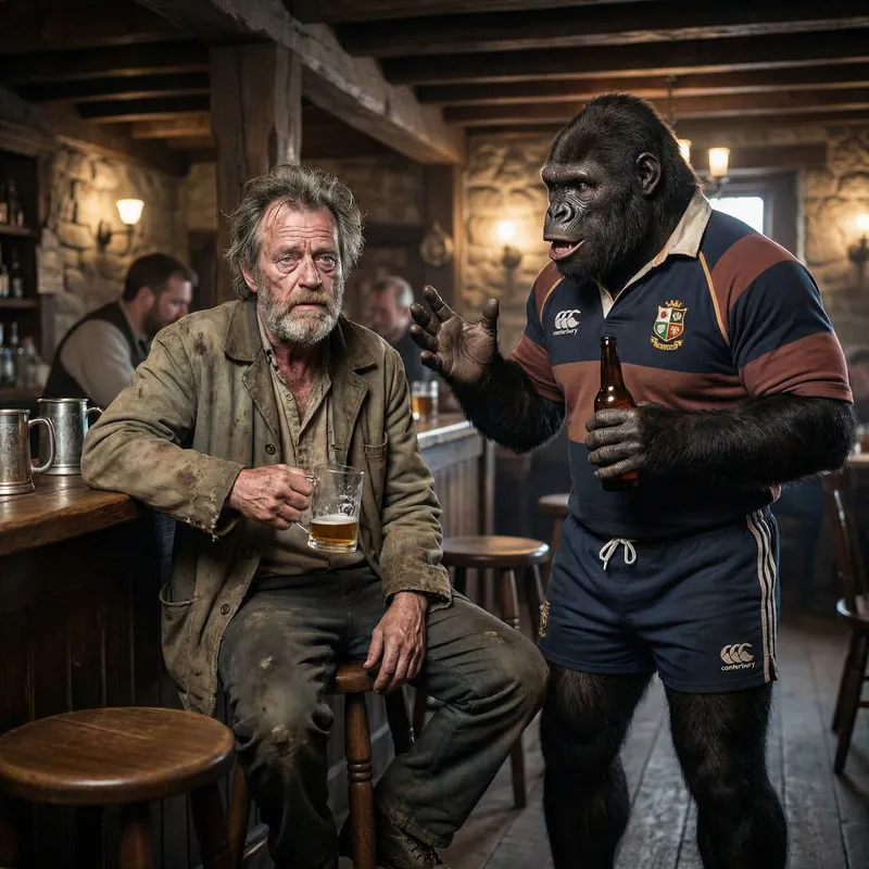 Unkempt Man and Muscular Ape in Rustic Cantina: A Bizarre Encounter