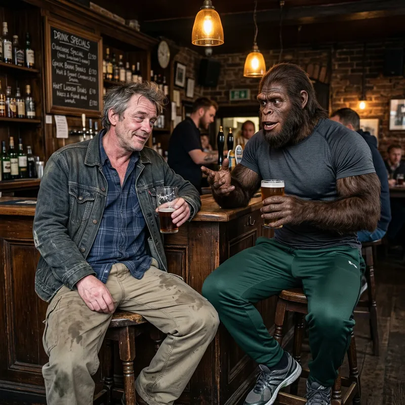 Drunken Encounter: Rustic Tavern Scene with Muscular Companion