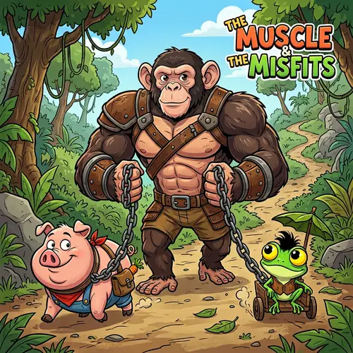 Muscular Chimp Dominating Pig and Frog Cartoon