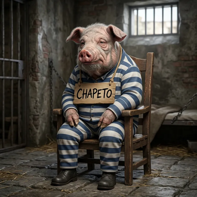 3D Old Pig in Prisoner Uniform Sitting on Chair with Clean Attire