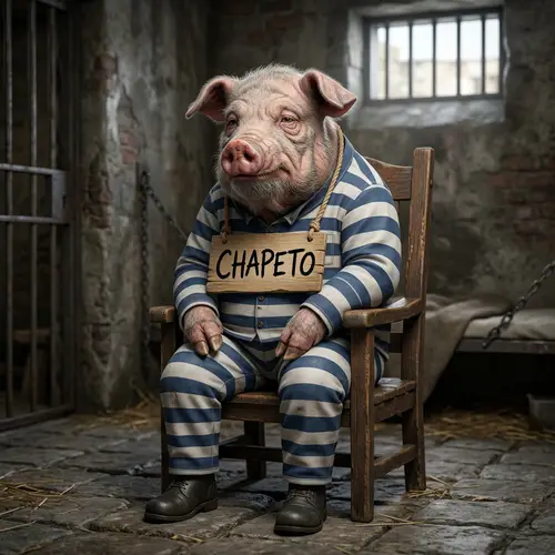 3D Old Pig in Prisoner Uniform Sitting on Chair Figurine
