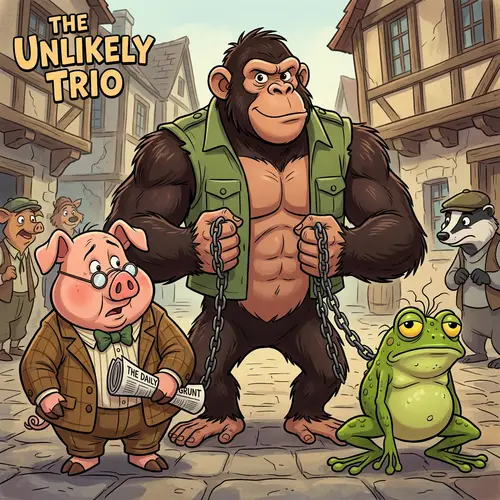 Muscular Chimpanzee Holding Pig and Frog on Chains