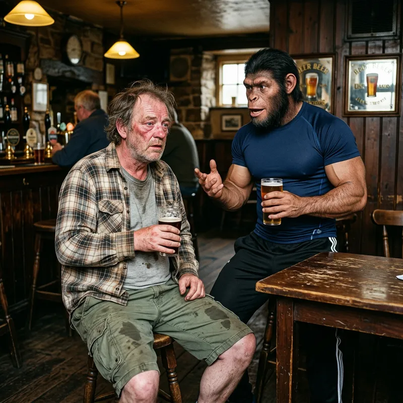 Middle-Aged Man in Rustic Cantina with Muscular Primate-Human Hybrid Companion