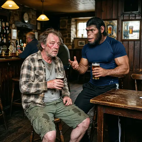 Man in Rustic Tavern with Primate-Human Hybrid Companion