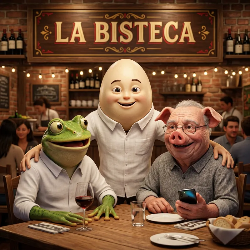 Quirky 3D Pig, Egg, and Frog Characters Behind Table