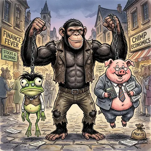 Muscular Chimpanzee Caricature With Humorous Pig and Frog