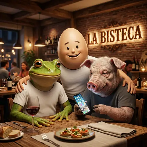 3D Image of Old Pig, Frog-Faced Man, and Egg-Faced Man Behind Table