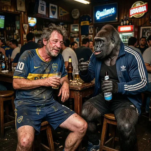Alcoholic Man in Cantina with Muscular Ape - Surprising Encounter