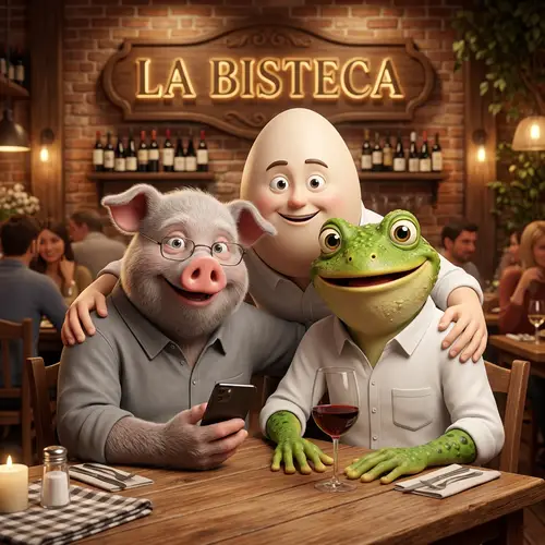 3D Elderly Pig, Frog-Man, Egg-Man at LA BISTECA