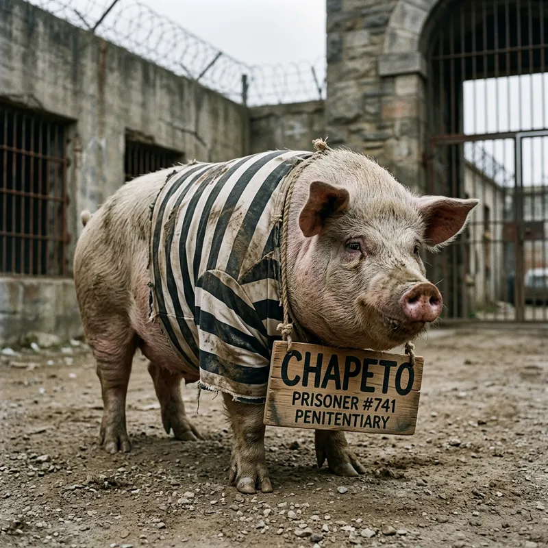 Old and Fat Pig in Prison Suit with 'CHAPETO' Sign