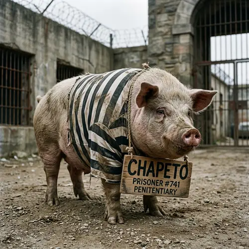 Funny Old Pig in Prison Suit with 'CHAPETO' Sign