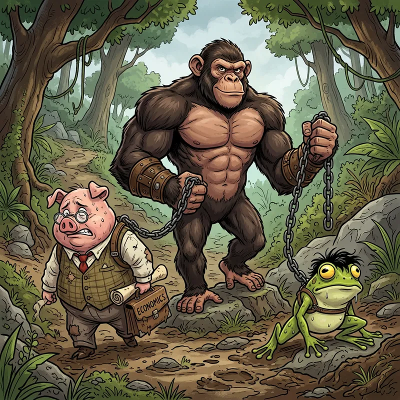 Powerful Chimpanzee Holding Pig and Frog in 3D Rendering