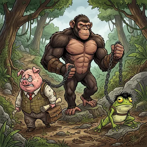 Strong Chimpanzee Dominates with Pig and Frog