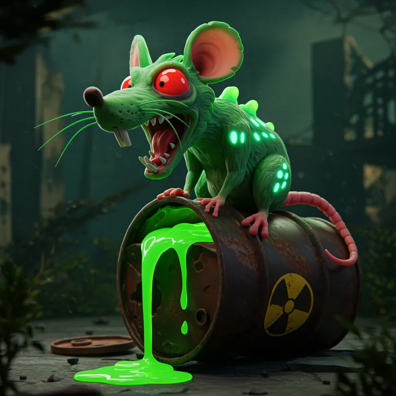 3D Mutant Rat Beside Radioactive Barrel Art