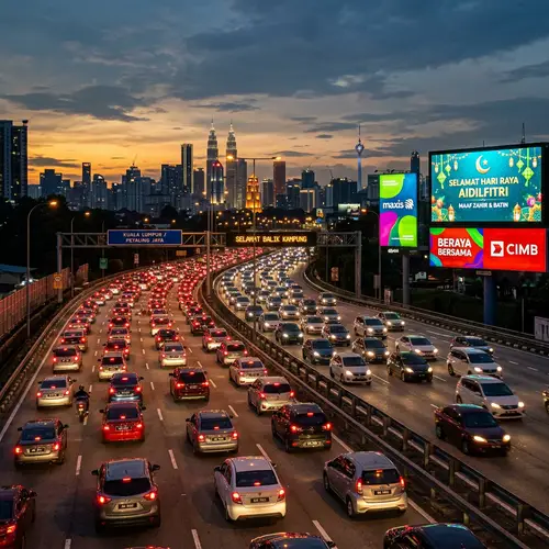 Festive Evening Traffic on Multilane Highway - First Day of Raya