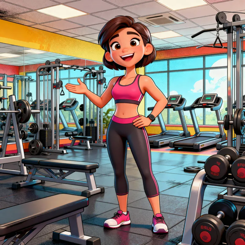 Cheerful Fitness Trainer Character in Gym Illustration