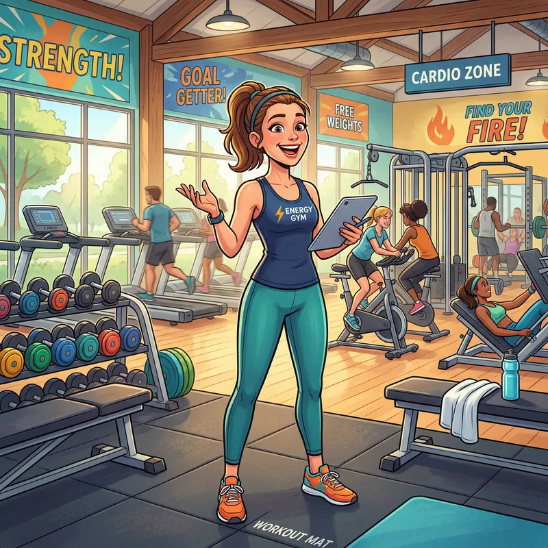 Cheerful Fitness Trainer Character in Gym Illustration Cheerful Fitness Trainer Character in Gym Illustration
