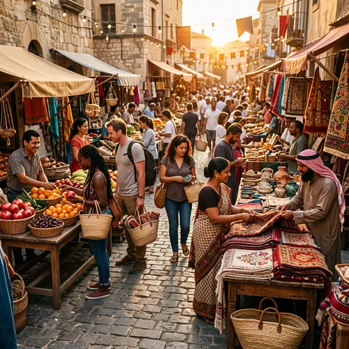 Diverse Market Scene: Bargaining & Trading with Textiles and Fruits