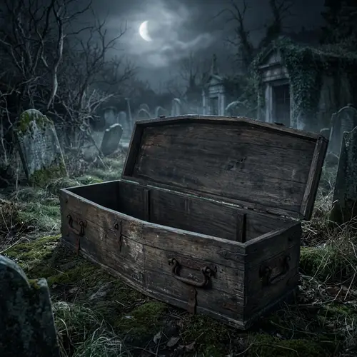Creepy Old Coffin in Mysterious Moonlit Graveyard