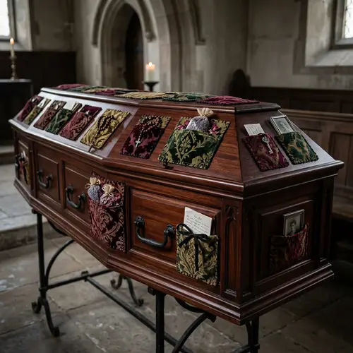 Gothic Mahogany Wood Coffin Adorned with Exquisite Velvet Pockets