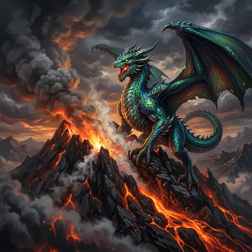 Fierce Dragon on Smoky Volcano - Mystical Fantasy Scene