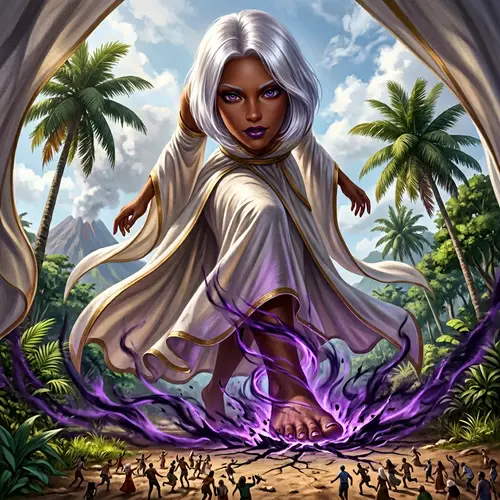 Dark Goddess Giant Woman Stepping on Tiny People in Tropical Setting