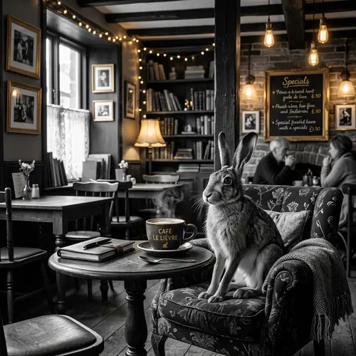 Cozy Café Scene with Hare in Black, White, and Gold | Tranquil Ambiance