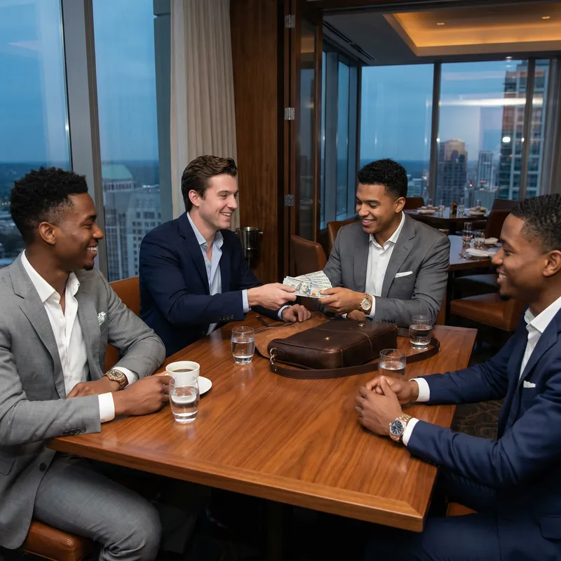 Luxurious Money Exchange: Young Affluent Men Swapping Hundred-Dollar Bills