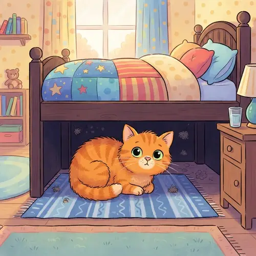 Charming Cat Under Bed Illustration for Kids