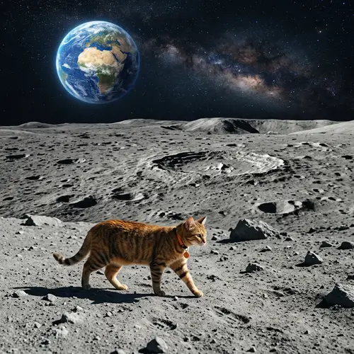 Cat Roaming on Lunar Surface | Moon Landscape View