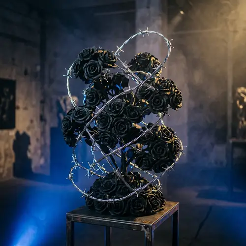 Intricate Coal-Black Rose Sculpture with Chrome Barbed Wire