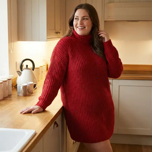 Busty Woman in Red Sweater Dress | Kitchen Style