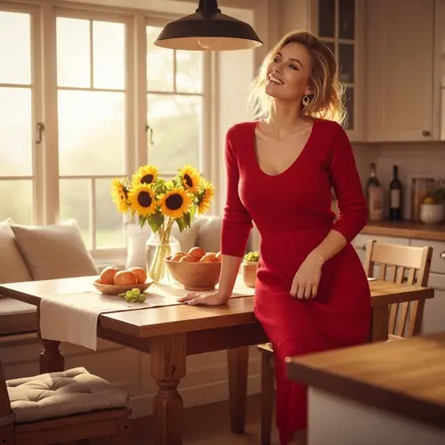 Busty Woman in Red Sweater Dress | Kitchen Style