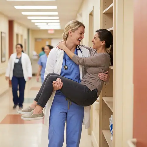 Joyful Doctor & Wife in a Caring Hospital Setting