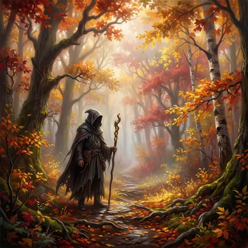 Mysterious Figure in Vibrant Autumn Forest | Fantasy Digital Painting