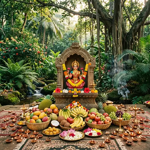 Hindu Goddess Lakshmi Shrine: Exotic Fruits & Flowers
