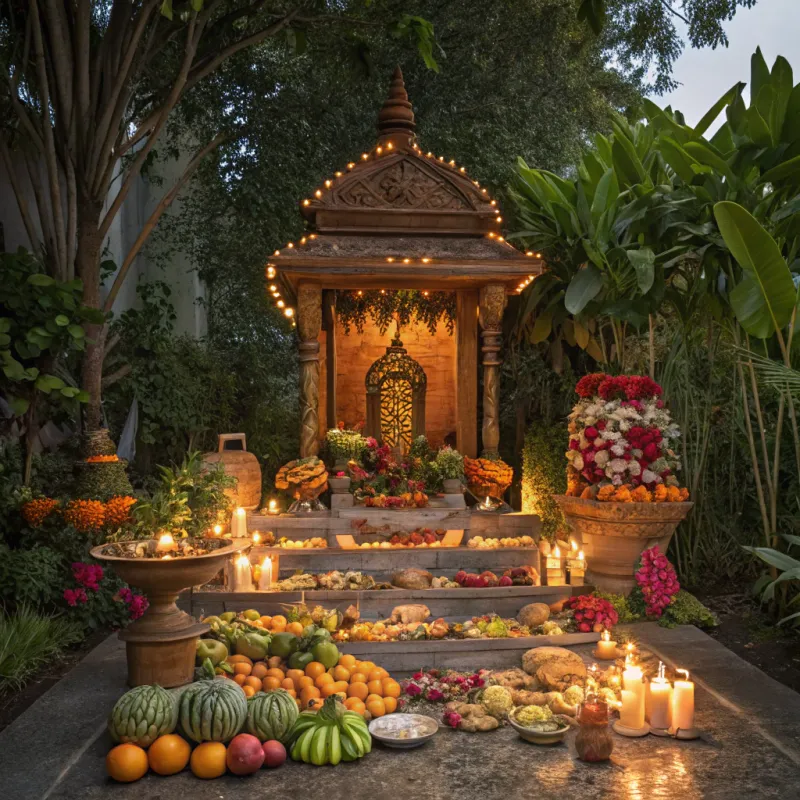 Hindu Goddess Lakshmi Shrine: Exotic Fruits & Flowers Hindu Goddess Lakshmi Shrine: Exotic Fruits & Flowers