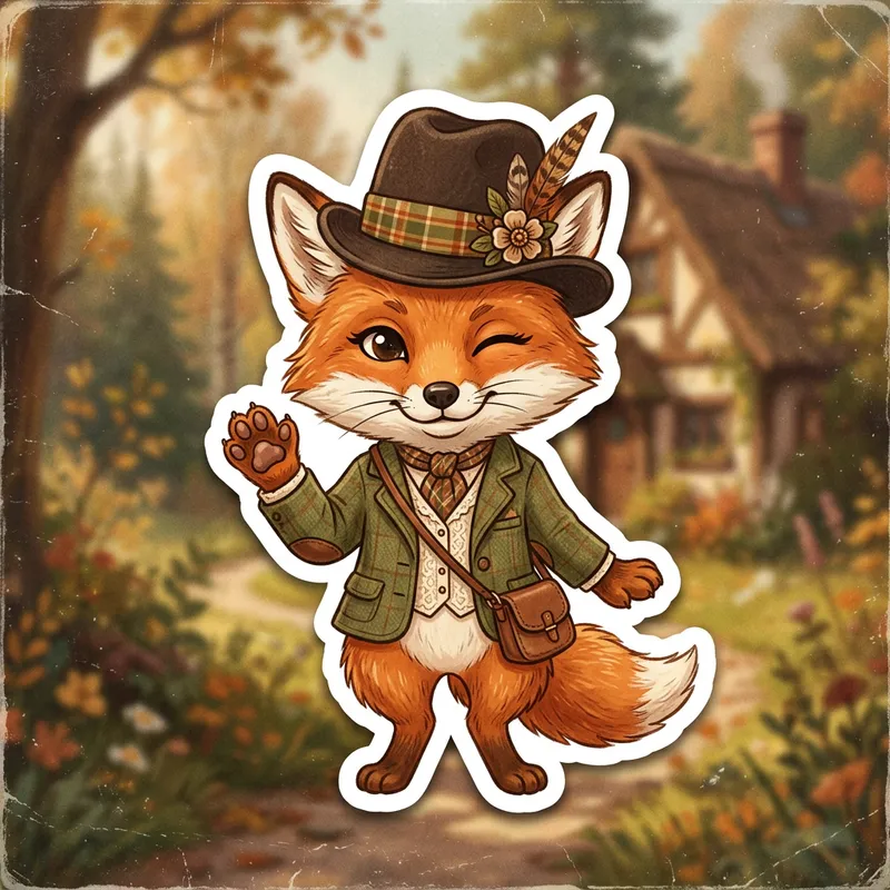 Charming Female Fox in Fedora Hat | Nostalgic Sticker Style